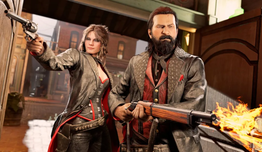 Imagem de dois personagens de Red Dead Online em trajes especiais