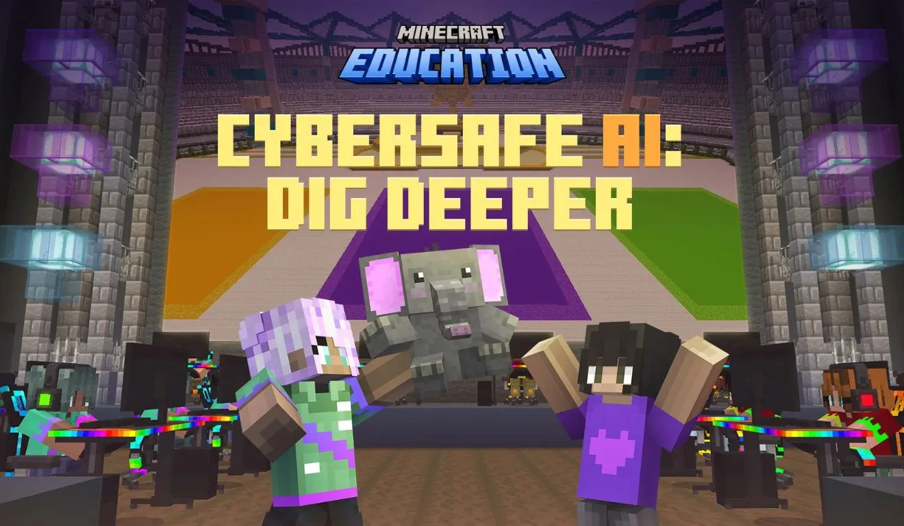 Novo DLC gratuito CyberSafe AI: Dig Deeper chega ao Minecraft Education, ensinando segurança na IA. Disponível agora no Minecraft Marketplace!