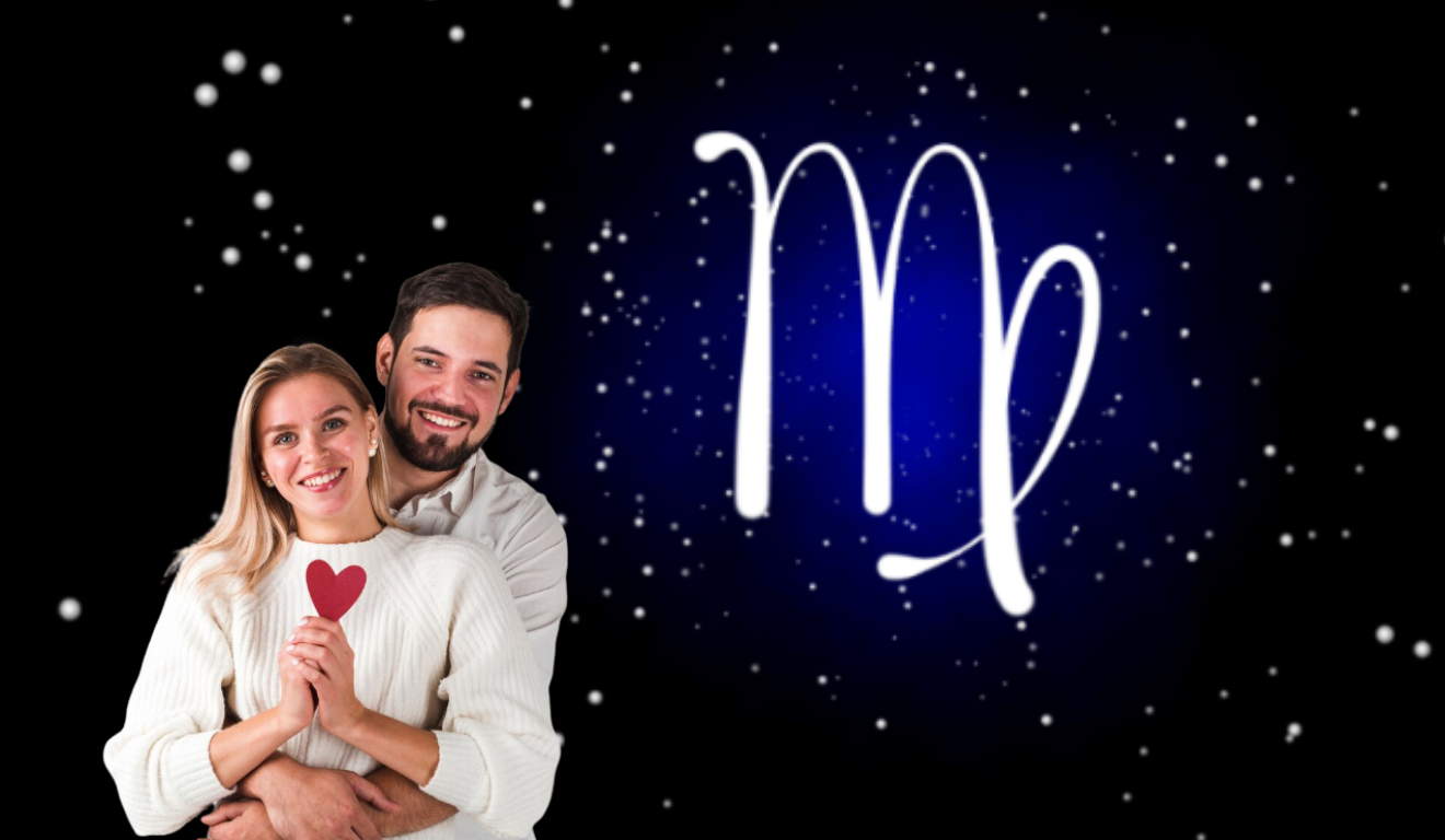 Casal se abraçando, de frente, ao lado deles o símbolo do signo de virgem.