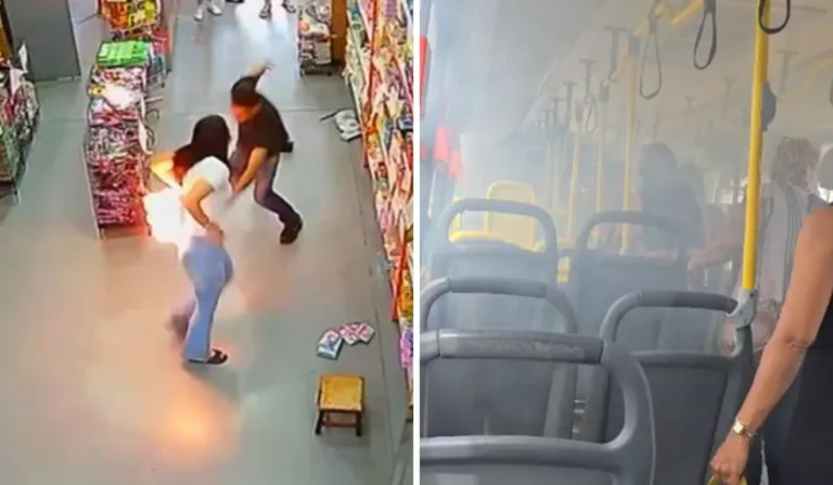 Em Anápolis (GO), uma mulher fazia compras quando o celular explodiu no bolso de sua calça. Já em Guarapari, o aparelho de uma passageira do Transcol também pegou fogo dentro do bolso. Fotos: Reprodução de vídeo