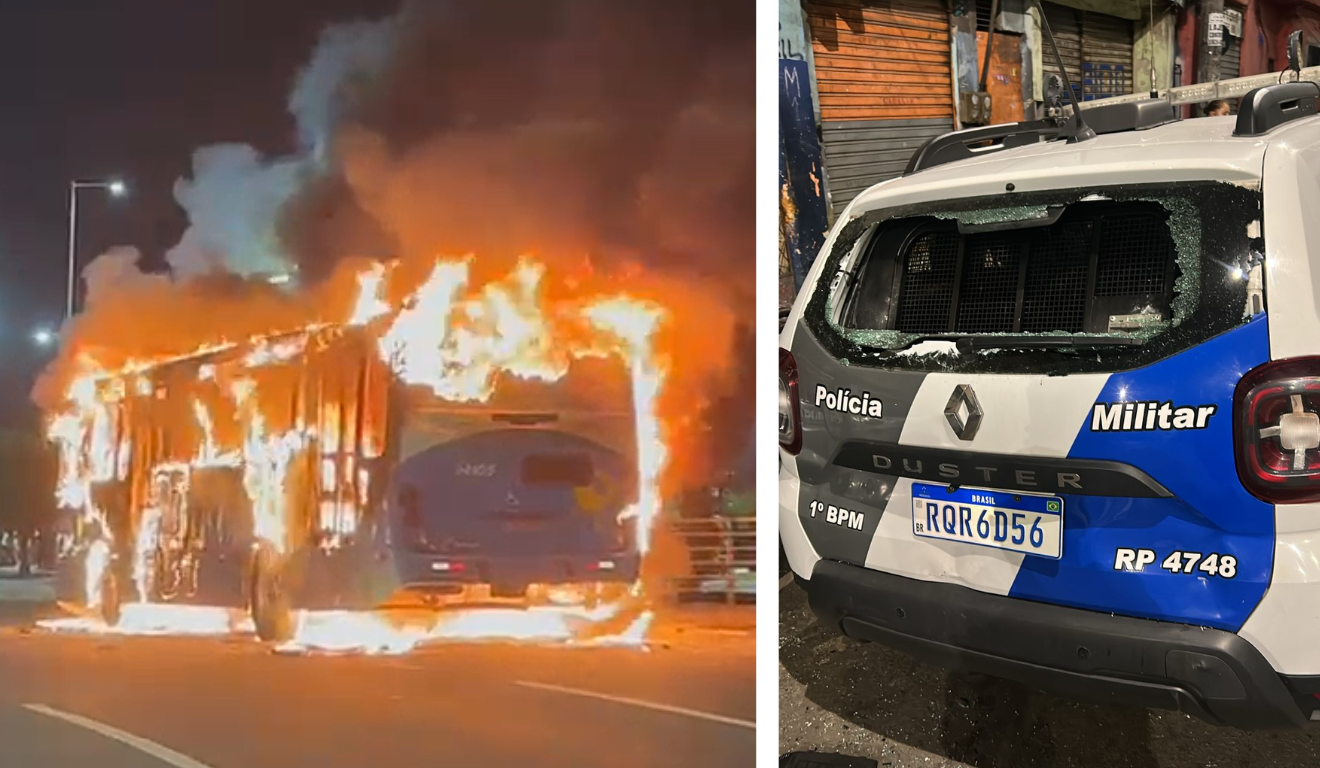 Ônibus incendiado e viatura depredada