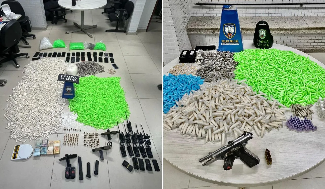 Drogas, arma e materiais apreendidos pela polícia em Flexal