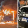 Ônibus incendiado e viatura depredada