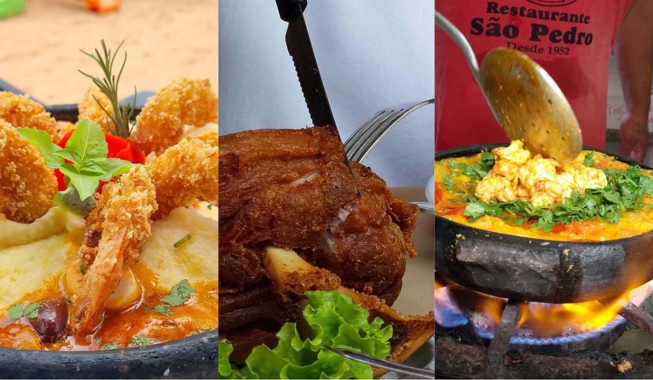 montagem com três imagens diferentes que mostram pratos de restaurantes em Vitória (ES).