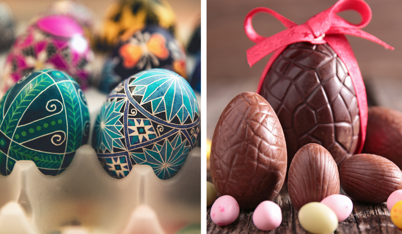 Ovos decorados e ovos de chocolate para a Páscoa