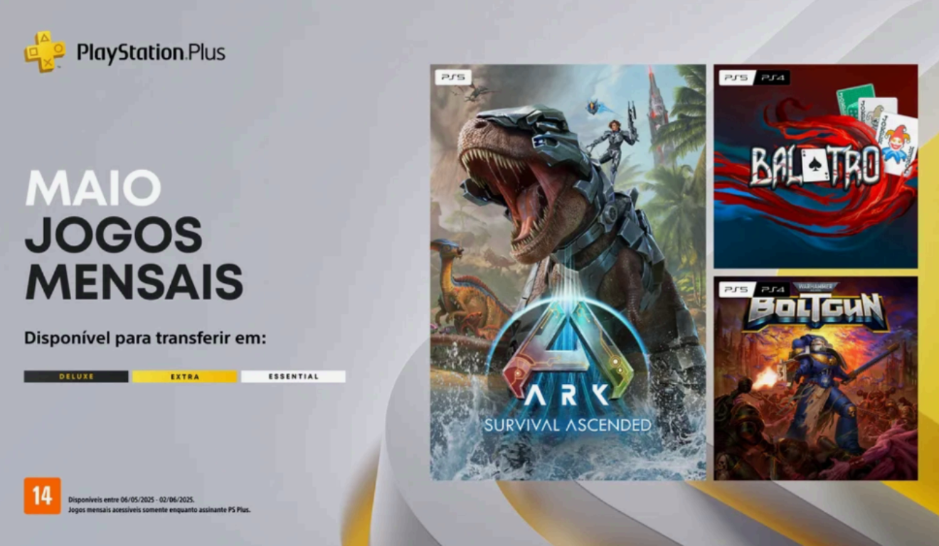 Jogos de maio no PlayStation Plus incluem Ark: Survival Ascended, Balatro e Warhammer 40,000: Boltgun Disponíveis para membros a partir de 6 de maio Título de sobrevivência com dinossauros, construção de baralhos e FPS retrô Última chance para resgatar jogos de abril até 5 de maio A Sony revelou os jogos mensais do PlayStation Plus para maio de 2025, trazendo três experiências distintas e empolgantes para os assinantes. Ark: Survival Ascended, Balatro e Warhammer 40,000: Boltgun estarão disponíveis para download gratuito entre 6 de maio e 2 de junho, nas edições Essential, Extra e Deluxe do serviço. Ark: Survival Ascended — Sobreviva ao caos jurássico em Unreal Engine 5 A nova versão de Ark, reconstruída do zero na Unreal Engine 5, traz gráficos de ponta e melhorias de qualidade de vida. Domine dinossauros, explore ilhas perigosas e monte sua tribo em um jogo de sobrevivência online com suporte para até 70 jogadores em servidores públicos, ou 8 em sessões privadas. Balatro — Poker + roguelike = vício na certa Misturando pôquer com mecânicas de roguelike, Balatro desafia os jogadores a criarem combinações insanas com curingas e mãos ilegais para avançar entre os níveis. O objetivo? Vencer os blinds e chegar ao boss final em uma jornada estratégica e imprevisível. Warhammer 40,000: Boltgun — Um FPS retrô para fãs de ação clássica Inspirado nos shooters dos anos 90, Boltgun oferece tiroteios frenéticos no universo de Warhammer 40K. Assuma o papel de um Fuzileiro Espacial em missões sangrentas contra hereges e demônios, com visuais pixelados e gameplay acelerado no estilo “boomer shooter”. MetaDescrição: PlayStation Plus de maio traz Ark: Survival Ascended, Balatro e Warhammer 40,000: Boltgun. Veja datas, detalhes dos jogos e até quando baixá-los.