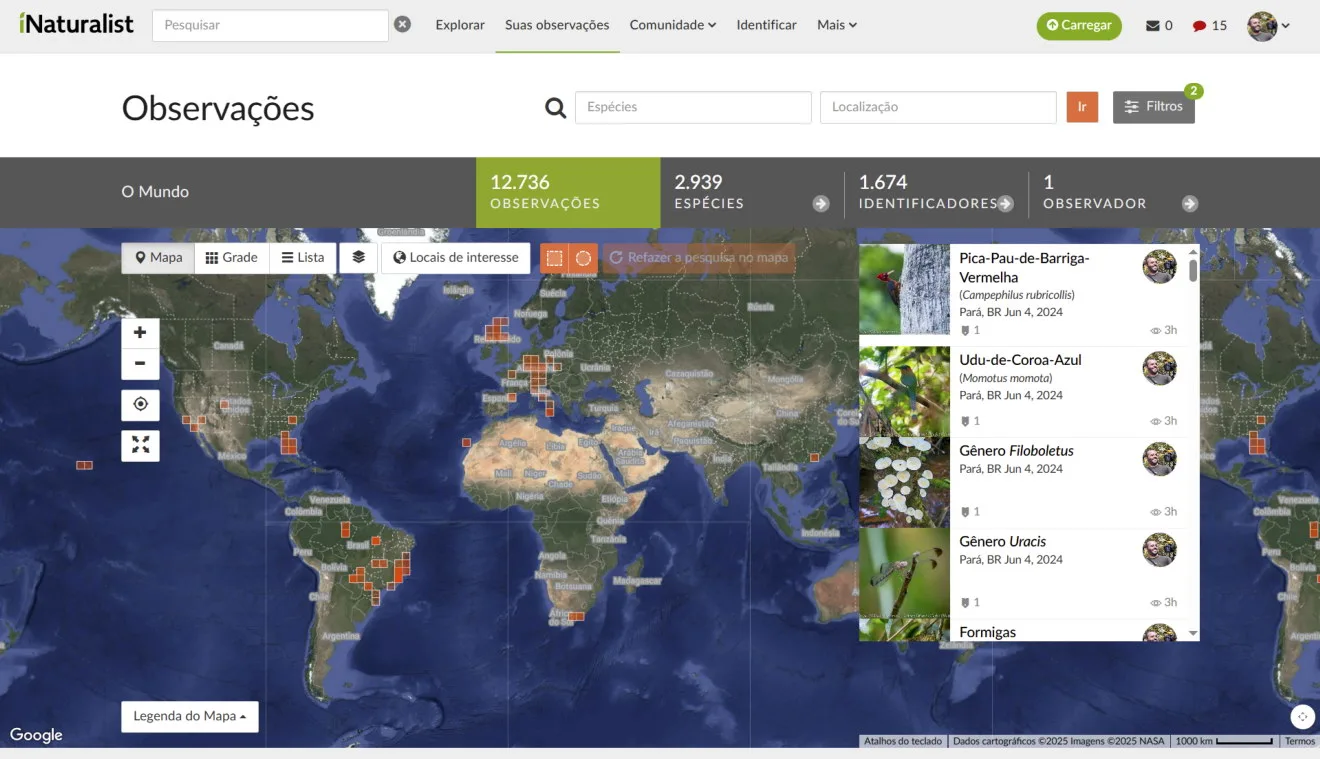 Mapa com registros de observações no iNaturalist Mapa com pontos de registros geográficos de espécies observadas na Mata Atlântica