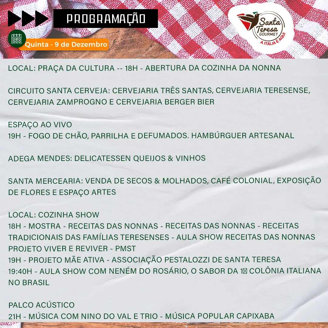 Programação Santa Teresa Gourmert