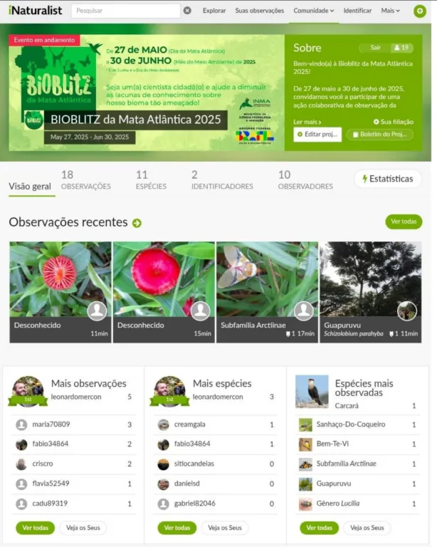 Página do projeto Bioblitz da Mata Atlântica 2025 no iNaturalist Captura de tela da página oficial da Bioblitz da Mata Atlântica 2025 no site iNaturalist
