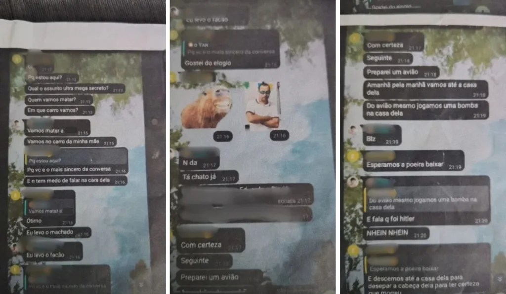 Prints mostram ameaça a aluna de escola de Domingos Martins. Foto: Reprodução de grupo de WhatsApp Prints mostram ameaça a aluna de escola de Domingos Martins. Foto: Reprodução de grupo de WhatsApp