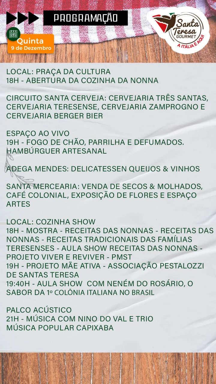 Programação Santa Teresa Gourmert