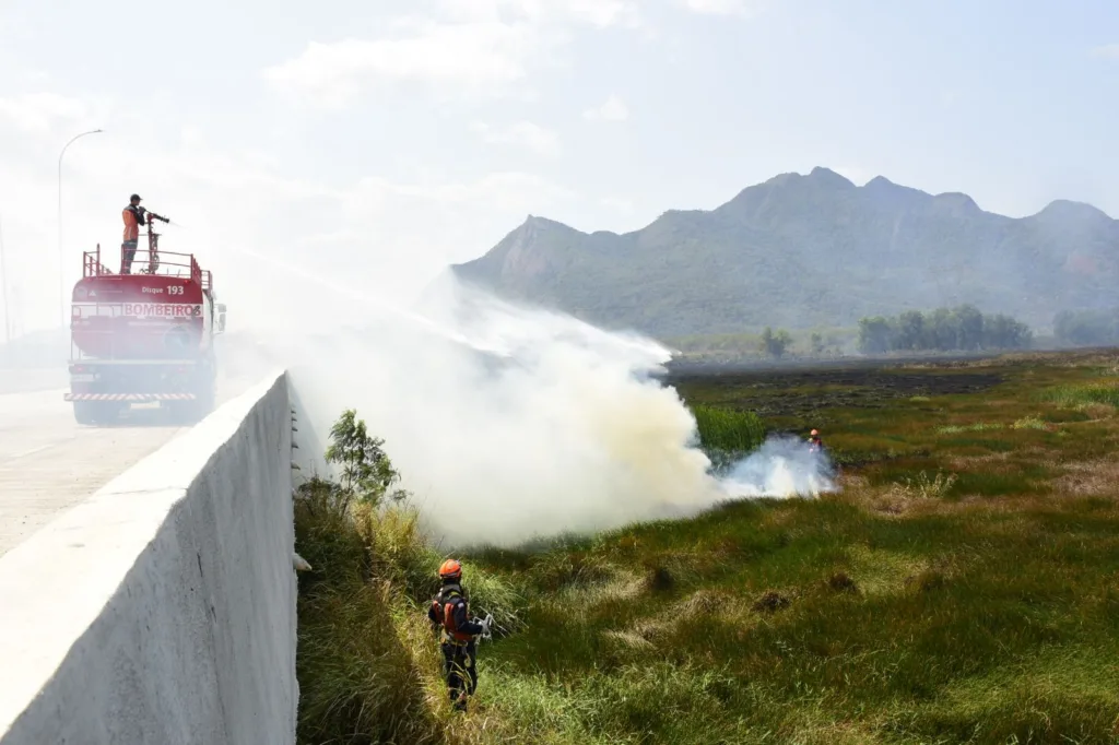Bombeiros atuam em incêndio em área de turfa
