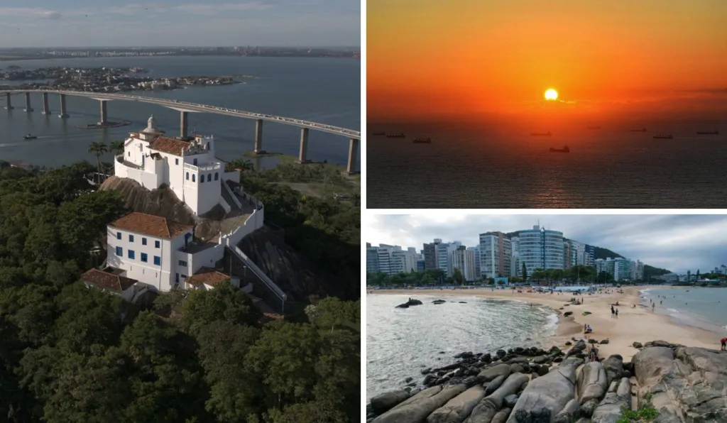 Convento da Penha, pôr do sol no Morro do Moreno e Praia da Costa Convento da Penha, pôr do sol no Morro do Moreno e Praia da Costa