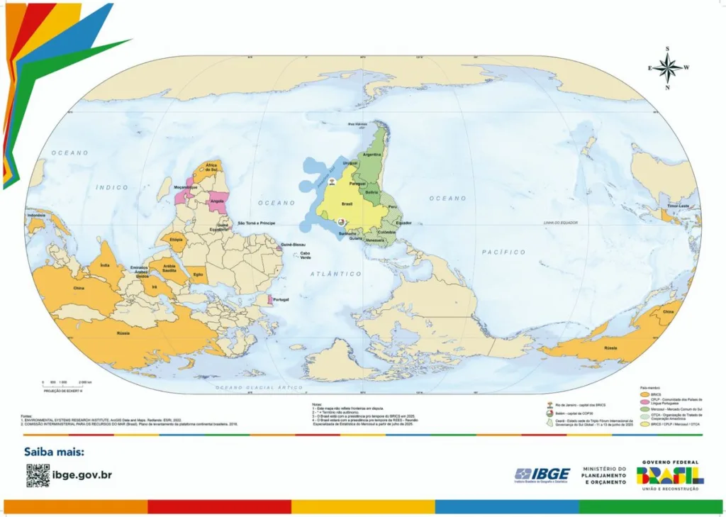 IBGE informou que o lançamento inédito contará com o mapa-múndi oficial invertido com versões em português e em inglês. Crédito: IBGE IBGE informou que o lançamento inédito contará com o mapa-múndi oficial invertido com versões em português e em inglês. Crédito: IBGE
