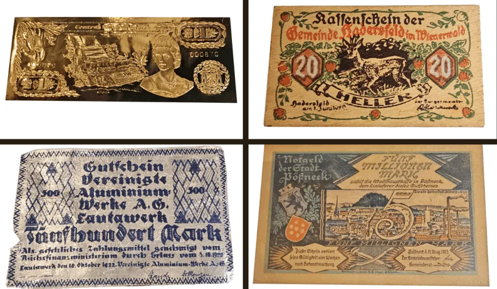 Cédula em folha de Ouro Belize, Cédula de Madeira Áustria, Cédula de Alumínio da Alemanha e Cédula de Couro Alemanha Período Inflacionário Foto: Divulgação Cédula em folha de Ouro Belize, Cédula de Madeira Áustria, Cédula de Alumínio da Alemanha e Cédula de Couro Alemanha Período Inflacionário Foto: Divulgação