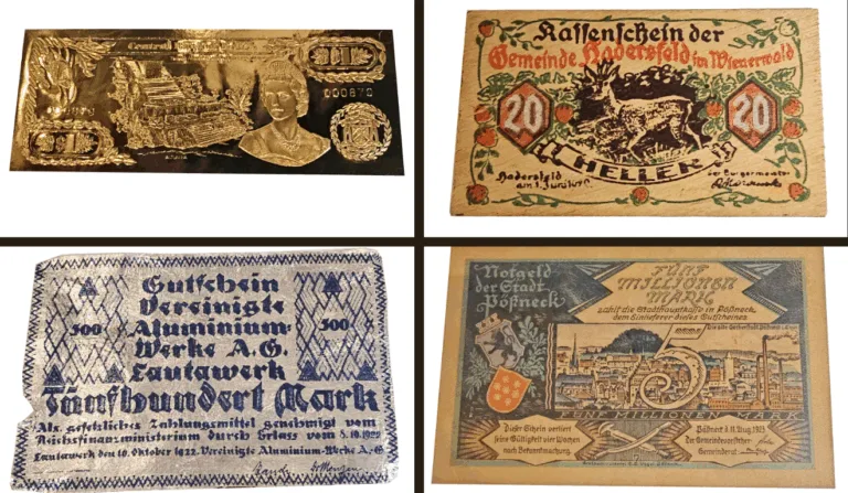Cédula em folha de Ouro Belize, Cédula de Madeira Áustria, Cédula de Alumínio da Alemanha e Cédula de Couro Alemanha Período Inflacionário Foto: Divulgação