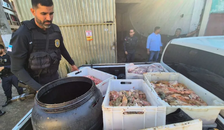 Policial durante apreensão de carne em abatedouro clandestino. Foto: Sesp/Divulgação