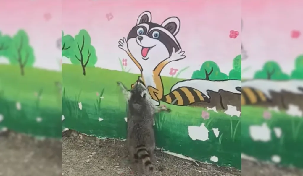 Vídeo do guaxinim empolgado ao se ver em pintura viraliza. Foto: Reprodução/ Redes sociais Vídeo do guaxinim empolgado ao se ver em pintura viraliza. Foto: Reprodução/ Redes sociais
