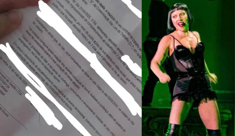 Documento mostra demissão de funcionária que foi ao show de Lady Gaga, mas informou à empresa que estaria de atestado. Foto: Reprodução X e Eduardo Valente/Ishoot/Estadão Conteúdo
