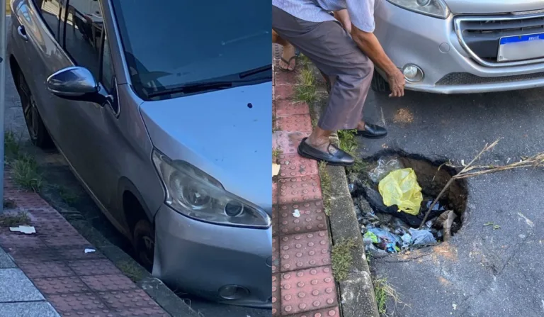 Carro caiu e ficou preso neste buraco em Laranjeiras, na Serra. Foto: Reprodução/ TV Vitória