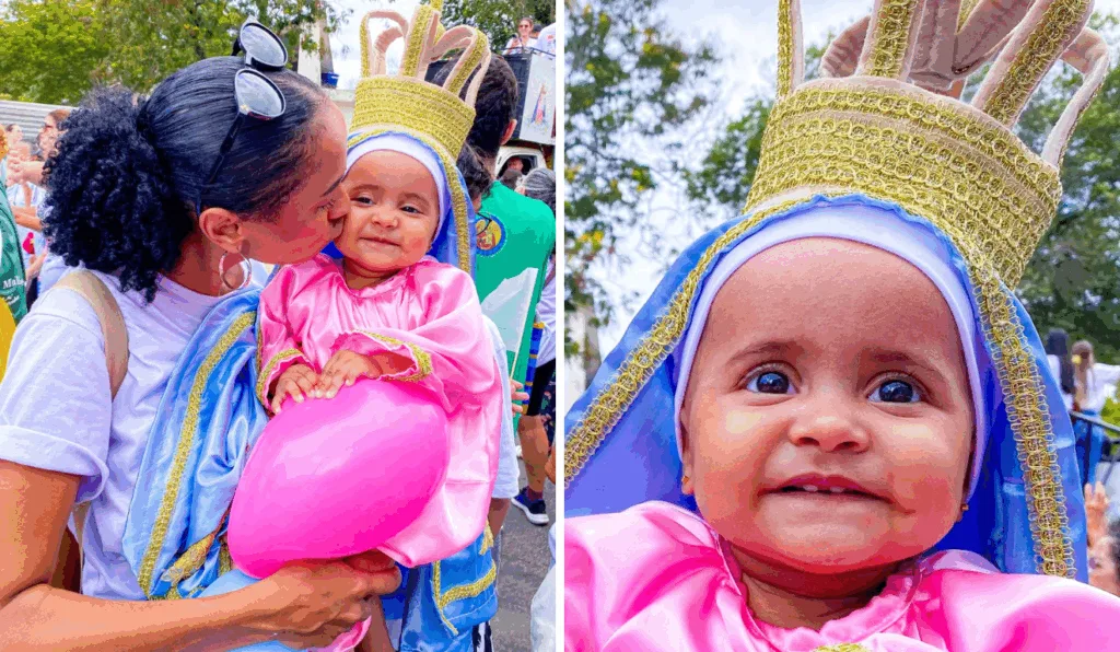 Bebê vestida de Nossa Senhora da Penha emociona fiéis durante romaria em Vitória