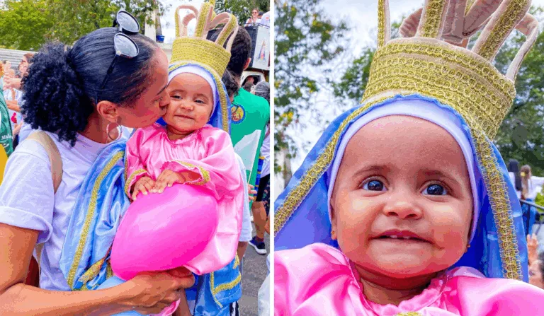 Bebê vestida de Nossa Senhora da Penha emociona fiéis durante romaria em Vitória
