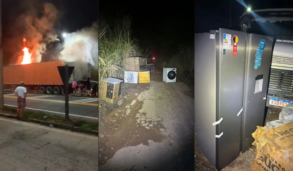 Carreta pegou fogo e cerca de 45 populares furtaram carga. Foto: Reprodução/ TV Vitória