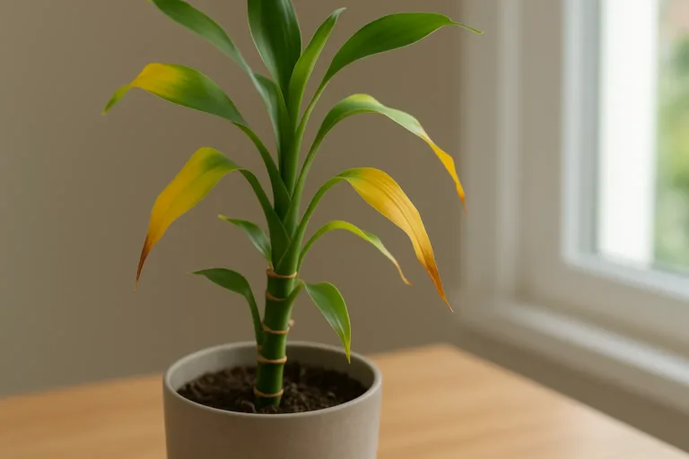 Pontas das folhas do bambu-da-sorte amarelando Ajuste a rega e salve a planta
