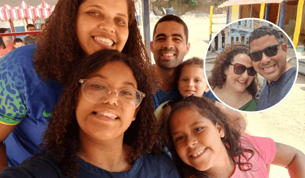 Thatiana, Luan, Ana Carolina, Ana Vitória e Joaquim. Em destaque, Vinícius e Morgana. Foto: arquivo pessoal