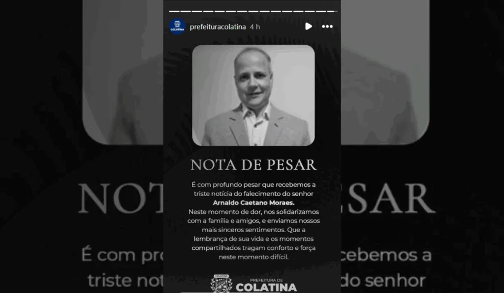 Nota de pesar postada em rede social pela Prefeitura de Colatina/Reprodução: Instagram