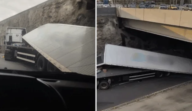 Carreta tomba na rotatória do ó