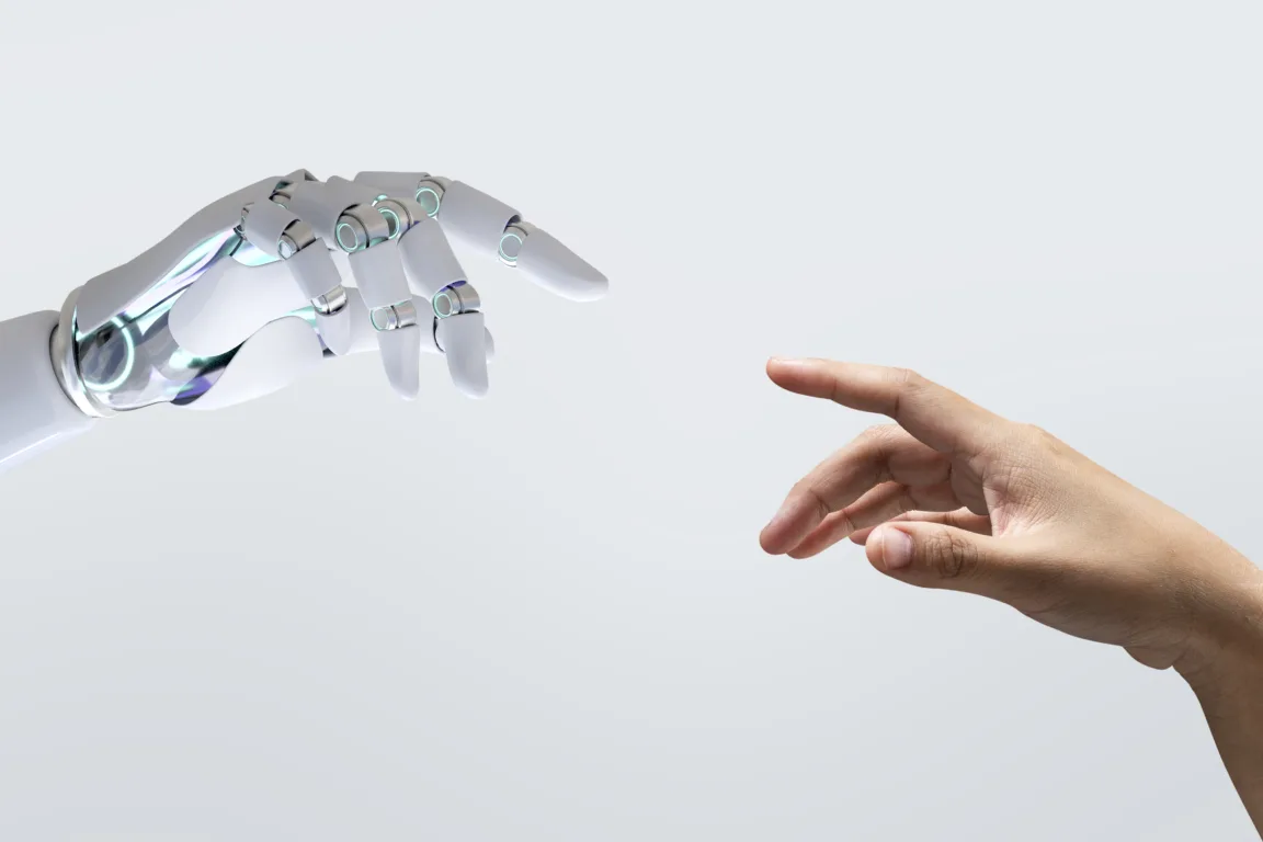 robô toca mão humana inteligência artificial robótica tecnologia