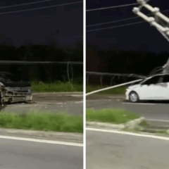 Acidente complica trânsito na Norte-Sul; poste cai sobre carro