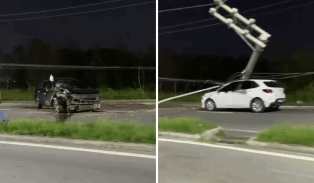 Acidente complica trânsito na Norte-Sul; poste cai sobre carro