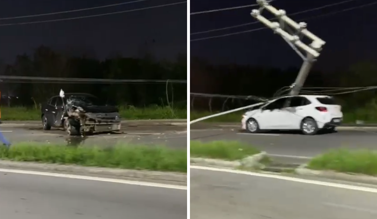 Acidente complica trânsito na Norte-Sul; poste cai sobre carro