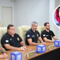 Delegados Gabriel Monteiro, José Lopes, Brenno Andrade e Icaro Olimpo durante coletiva sobre ação golpista envolvendo a imagem da menina Yara Rohsner (destaque). Foto: Sesp/Divulgação