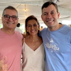 Iuri, Juliana (presidente e vice do Novo-ES) com Arnaldinho: diálogo
