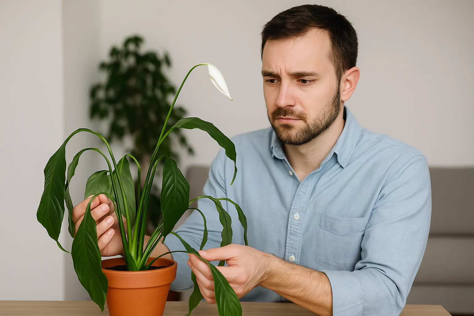 Lírio-da-paz com folhas caídas indica sufocamento
