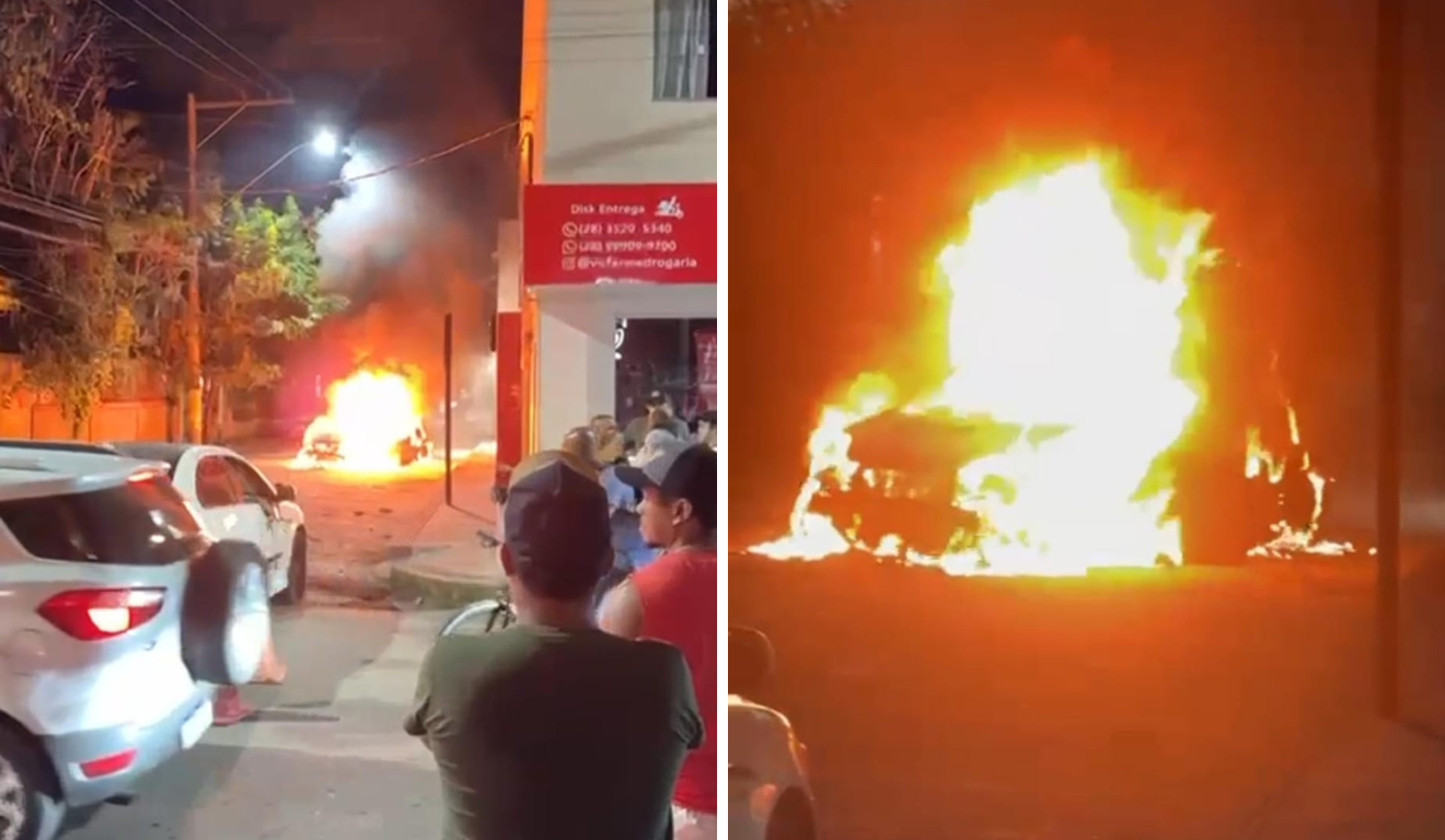 Momento em que o carro pega fogo em Piúma