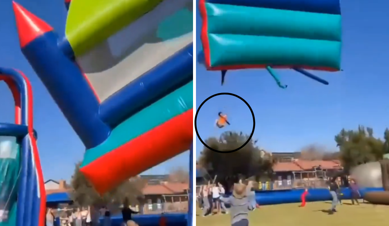 Momento em que o castelo inflável voa