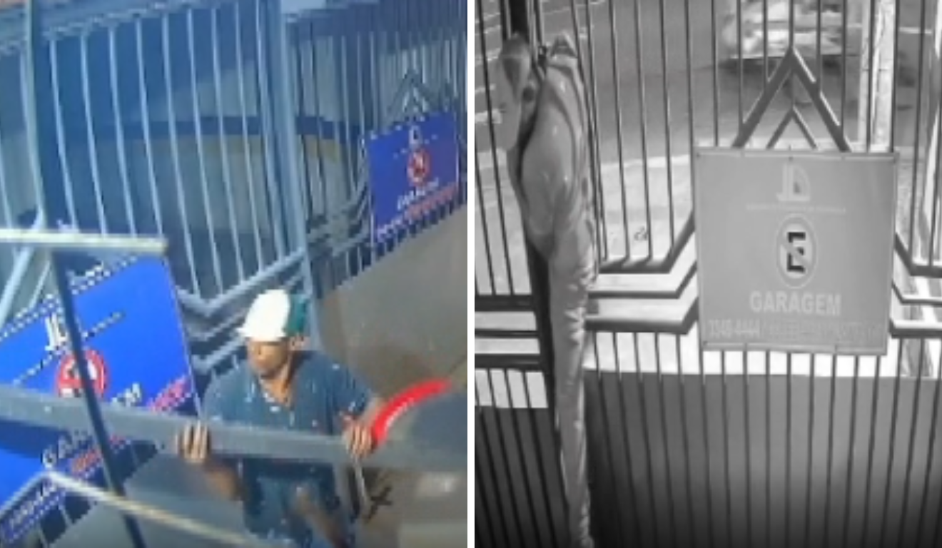 Momento em que o suspeito utiliza uma placa de trânsito para entrar no imóvel Momento em que o suspeito utiliza uma placa de trânsito para entrar no imóvel