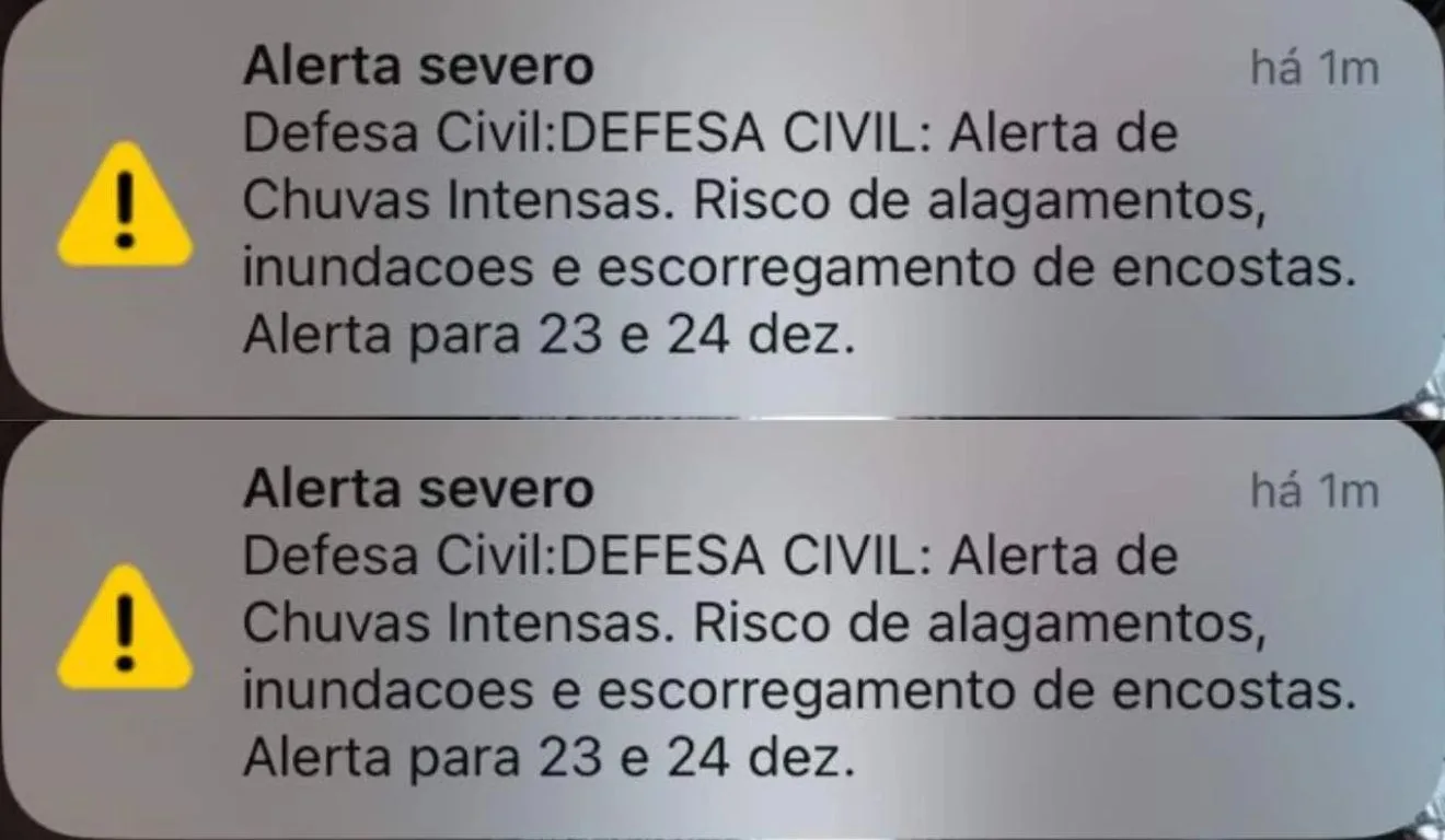 Alerta severo da Defesa Civil que chega no celular