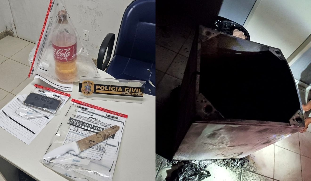 Suspeito ateou fogo em máquina de lavar e objetos usados no crime foram apreendidos. Foto: Divulgação/Sesp Suspeito ateou fogo em máquina de lavar e objetos usados no crime foram apreendidos. Foto: Divulgação/Sesp