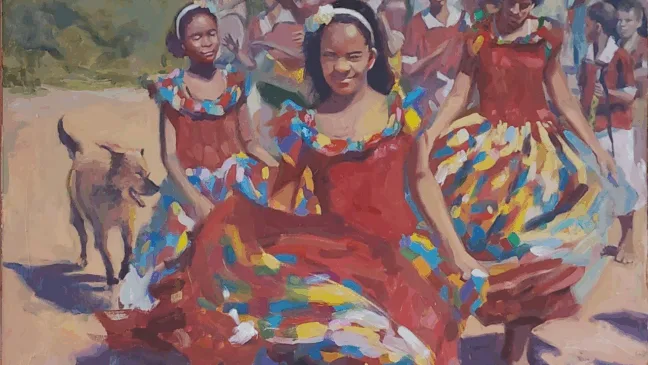 "Congo Mirim São Benedito"(evento da Comunidade de Timbuí, Fundão ES.
Caio Cruz, 2025, pintura, óleo sobre tela. 1,00x1,40m.
Foto: Caio Cruz