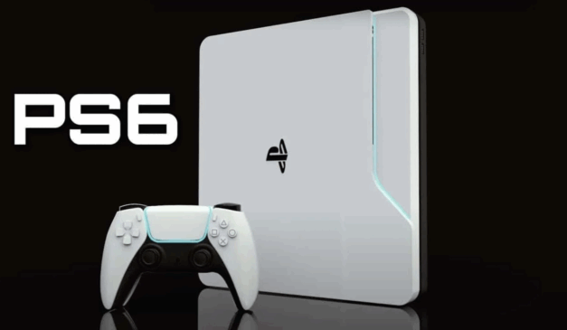 Imagem conceitual do PlayStation 6 com controle DualSense exibindo lançamento previsto para 2028