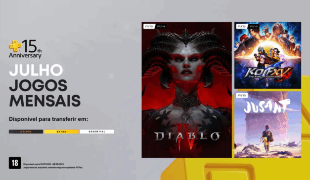 tela com Diablo IV, KoF XV e Jusant como jogos de julho da PlayStation Plus