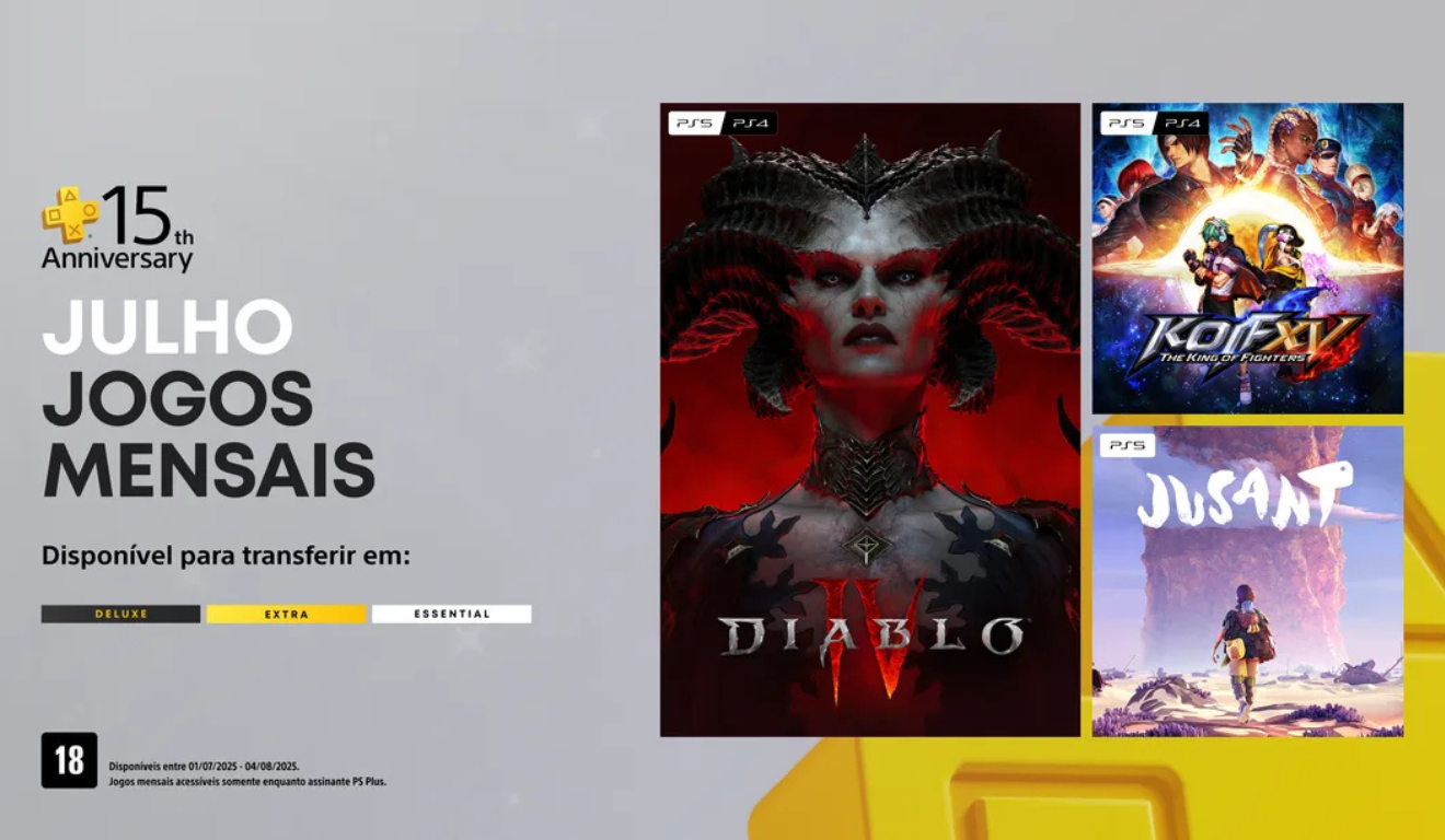 tela com Diablo IV, KoF XV e Jusant como jogos de julho da PlayStation Plus
