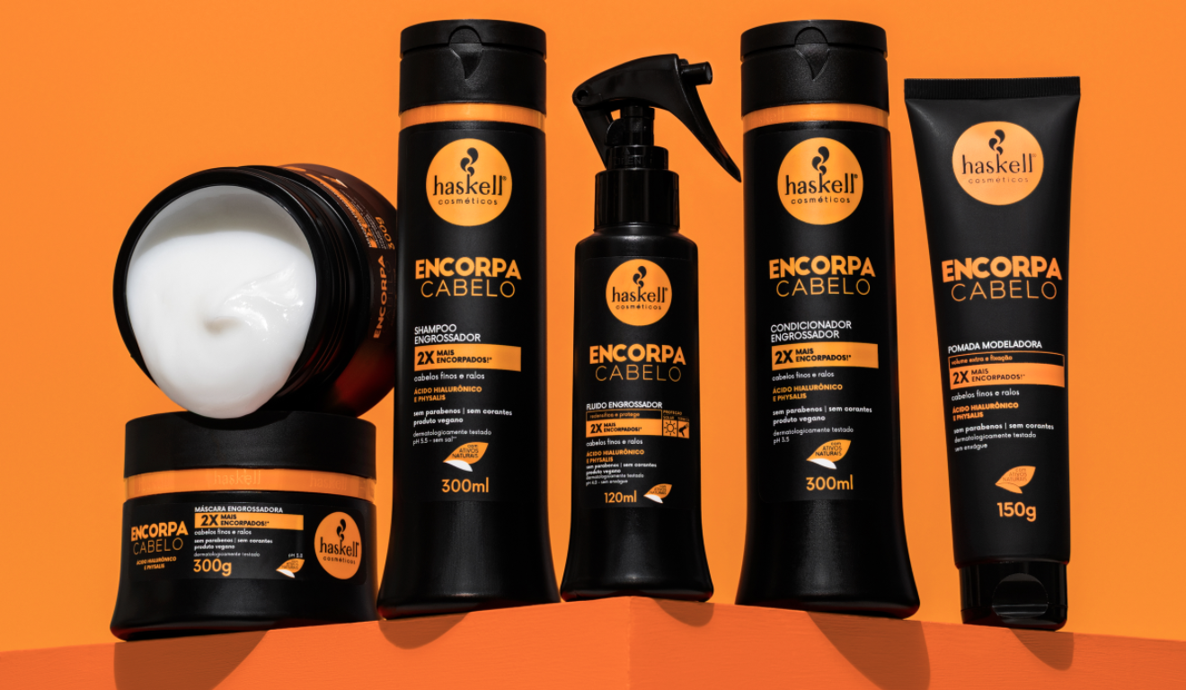 Linha Encorpa Cabelo, da Haskell, aposta em ativos como ácido hialurônico e physalis para oferecer mais densidade e volume aos fios finos/Foto: Divulgação Haskell