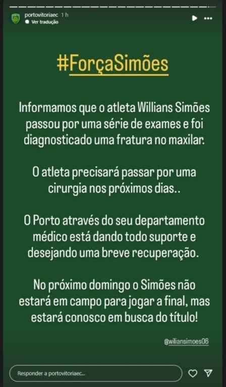 Copa ES: jogador do Porto Vitória sofre fratura. Willian Simões
