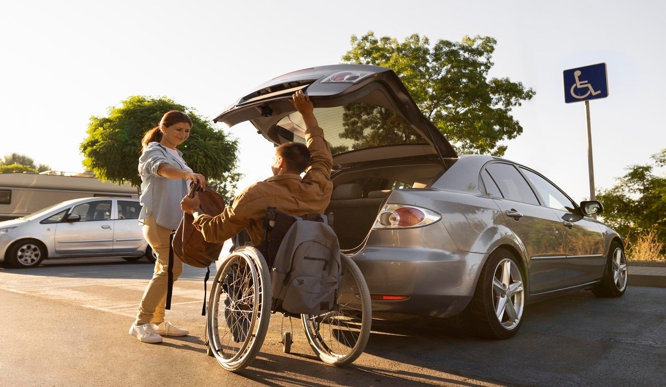 Pessoa com deficiência em carro adaptado